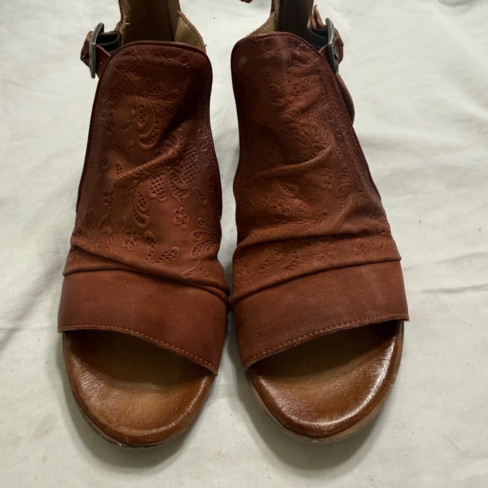 Miz Mooz Brown Leather Embossed Open-Toe Buckle Mules